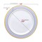 White with Blue and Gold Chord Rim Plastic Dinnerware Value Set (120 Guests)